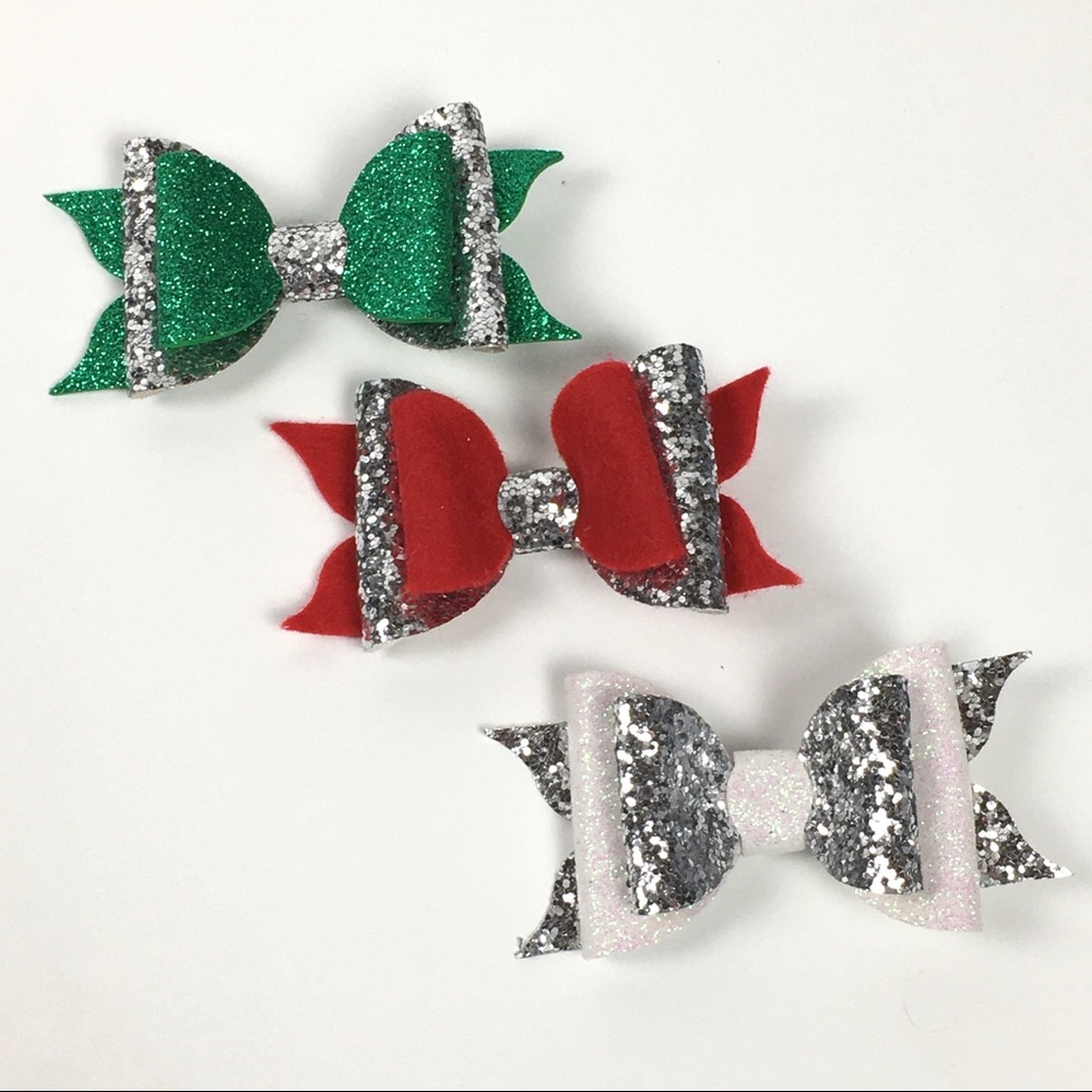 Holiday Hair Bow Set Red Green White Silver New